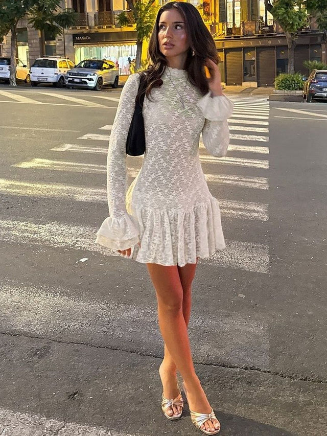 Flared Sleeve Ruffled Fit & Flare Dress - Nowi Korean Fashion