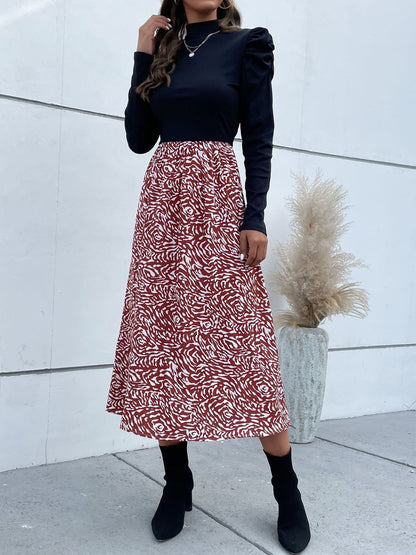 Women's Black Print Puff Sleeve A-Line Midi Dress