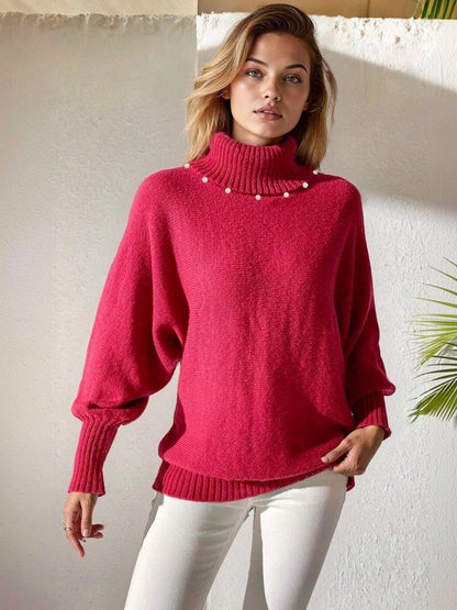 Pullover with Embellished Detail in Red acrylic - Nowi Korean Fashion