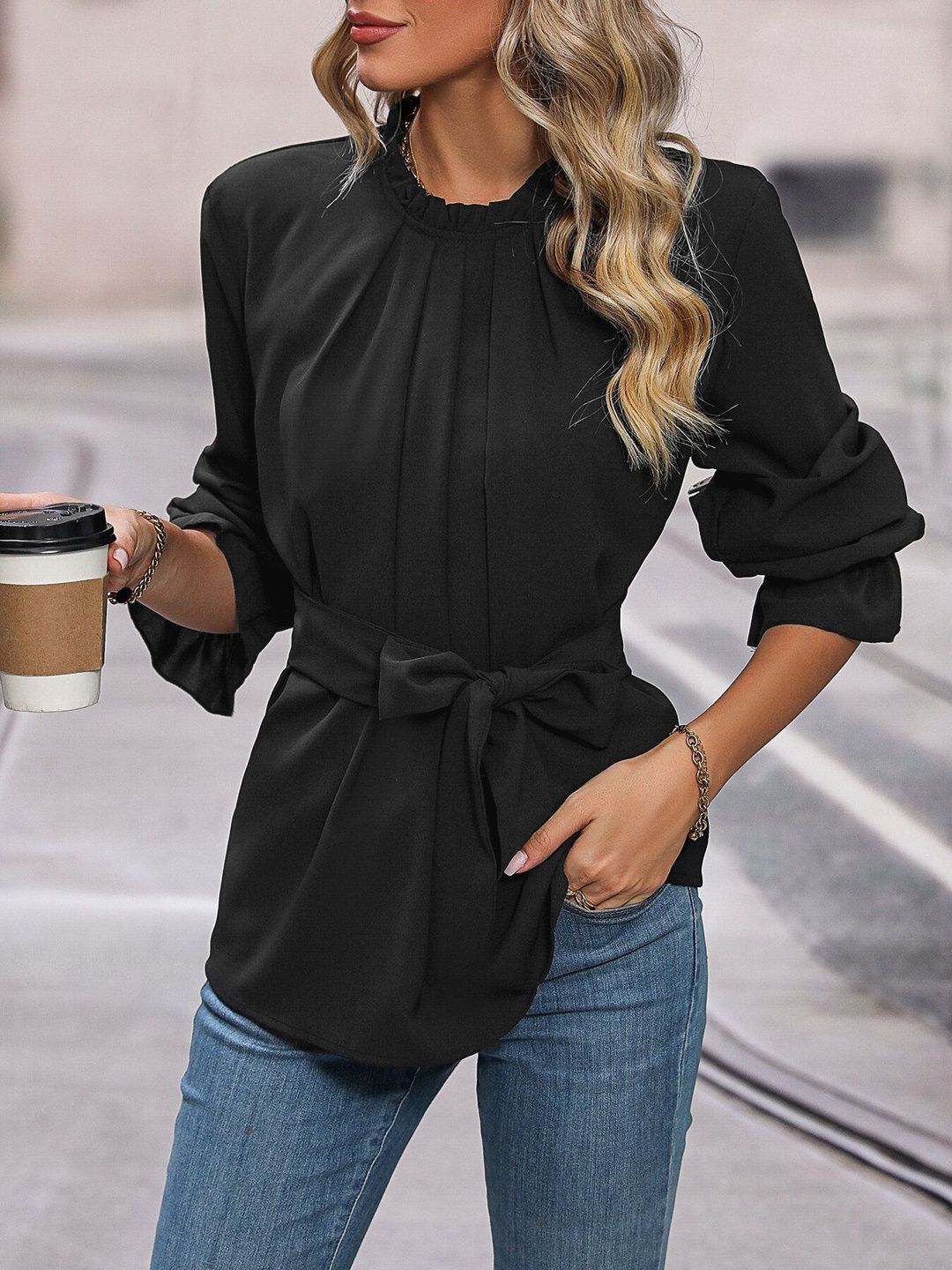 Women's Elegant Black Top With Frill Detail
