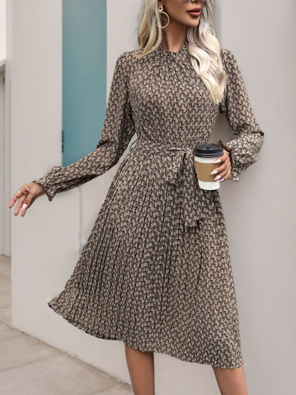 Women's Brown Print Fit & Flare Midi Dress Blend Printed