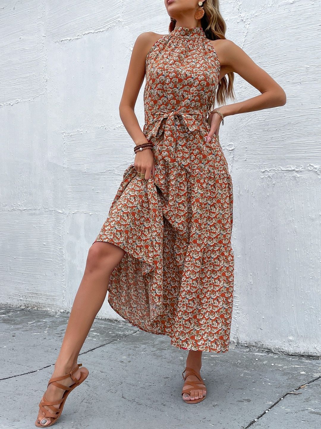 Floral Print Halter Neck Fit & Flare Midi Dress