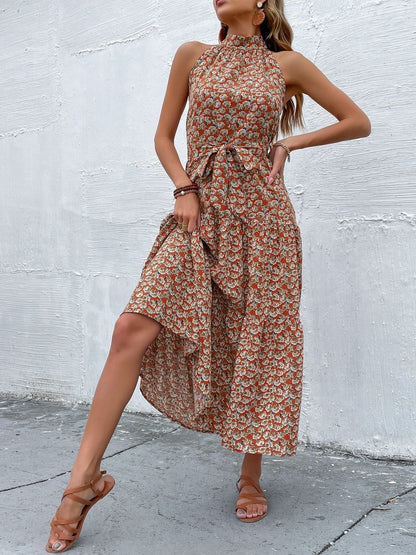Floral Print Halter Neck Fit & Flare Midi Dress