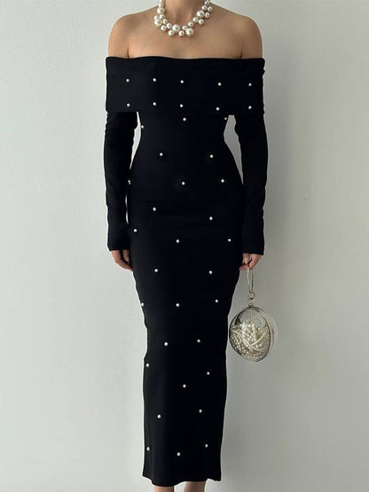 Women's Black Embellished Off-Shoulder Maxi Bodycon Dress