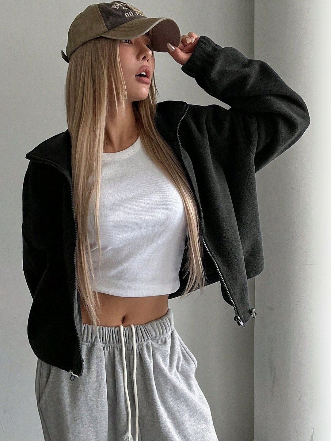 Fleece Lightweight Crop Open Front Jacket in Black - Nowi Korean Fashion