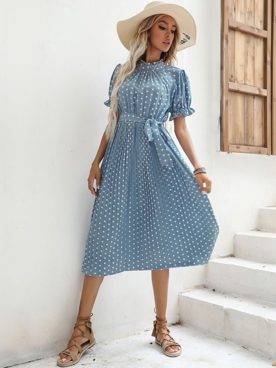 Polka Dot Print Puff Sleeve Fit & Flare Midi Dress