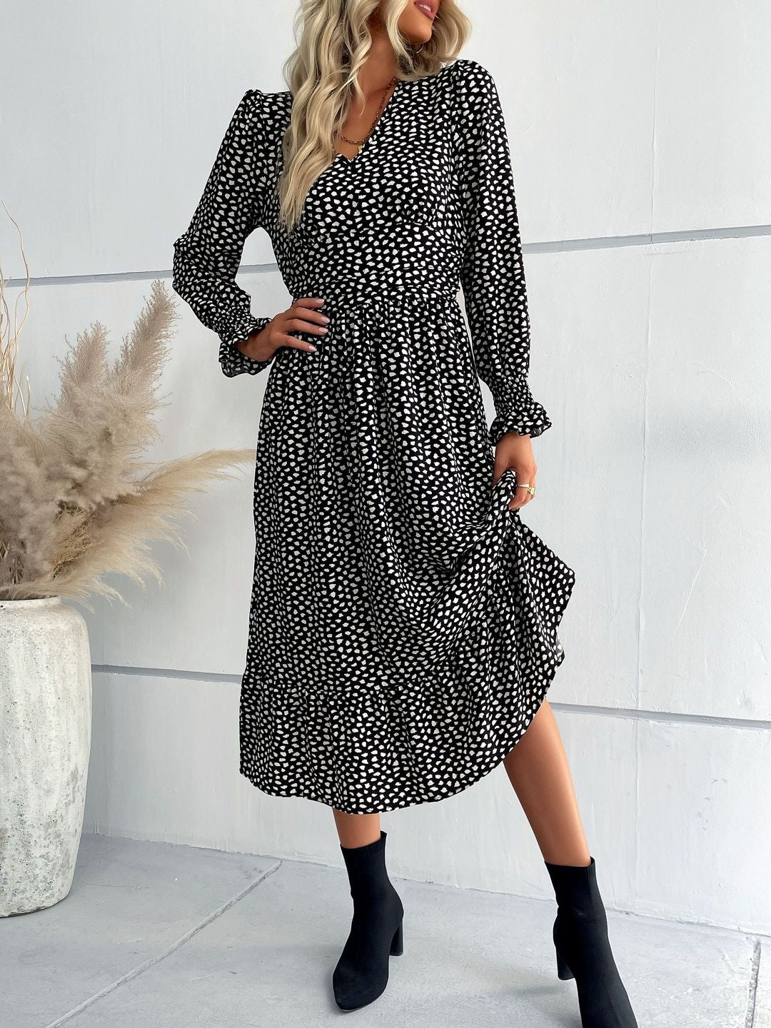 Women's Black Polka Dot Print Midi Dress