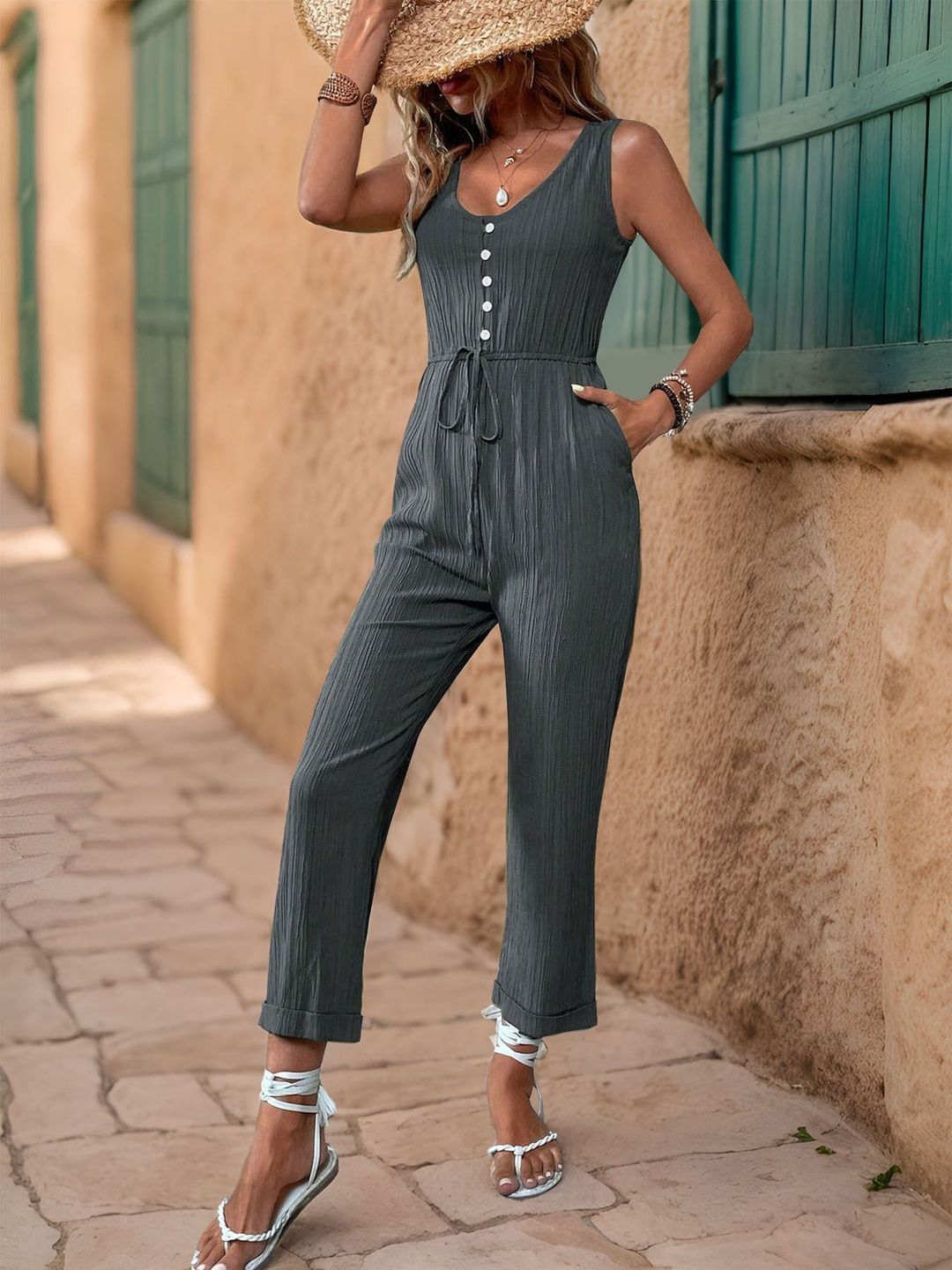 Basic Jumpsuit in Grey cotton Style 63 - Nowi Korean Fashion
