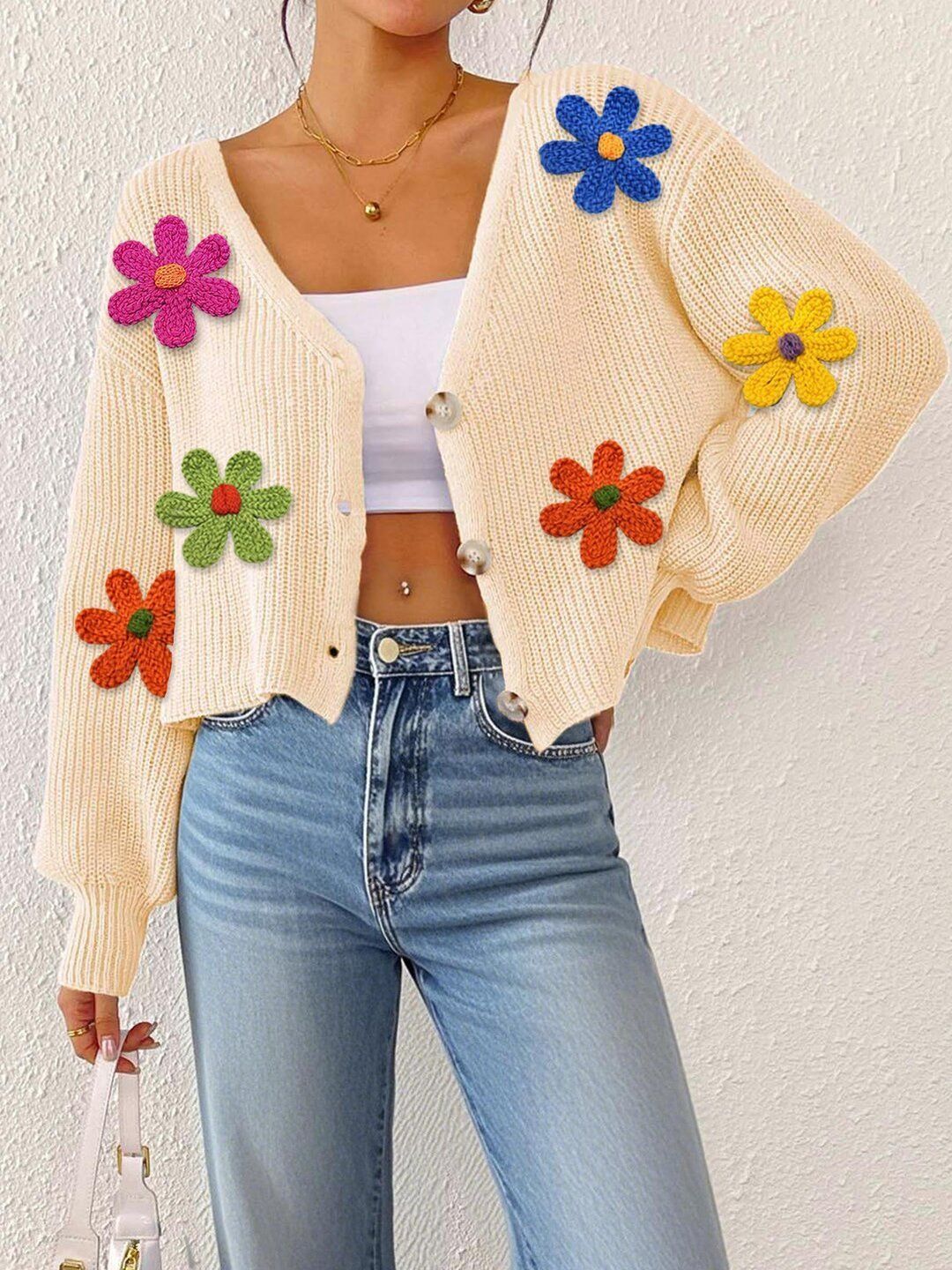 Women Ribbed Crop Cardigan with Applique Detail
