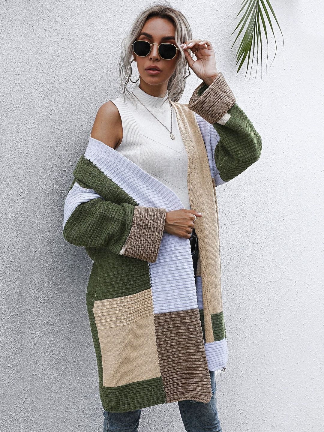 Colourblocked Cardigan in Green - Nowi Korean Fashion