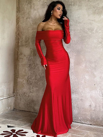 Off-Shoulder Maxi Dress in Red synthetic - Nowi Korean Fashion