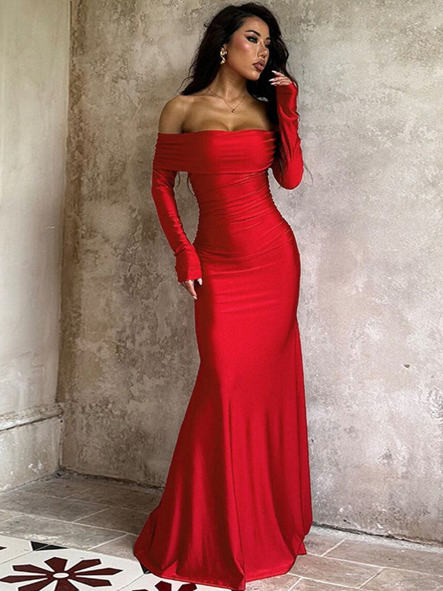 Off-Shoulder Maxi Dress in Red synthetic - Nowi Korean Fashion