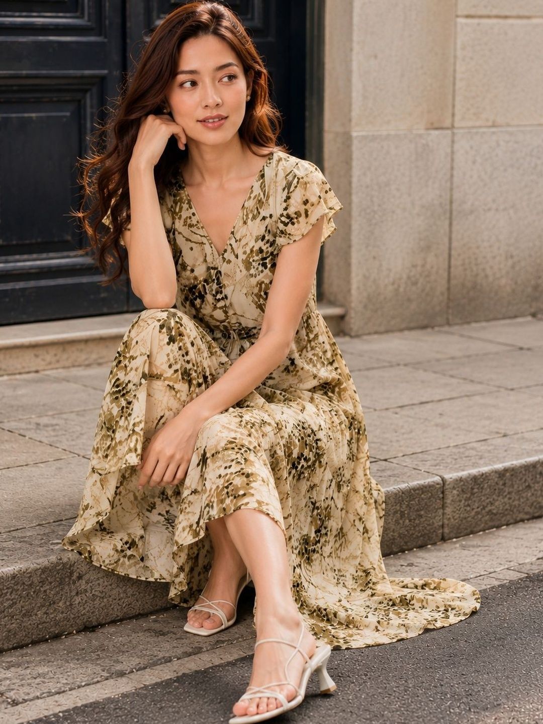 Print Flutter Sleeve Fit & Flare Midi Dress