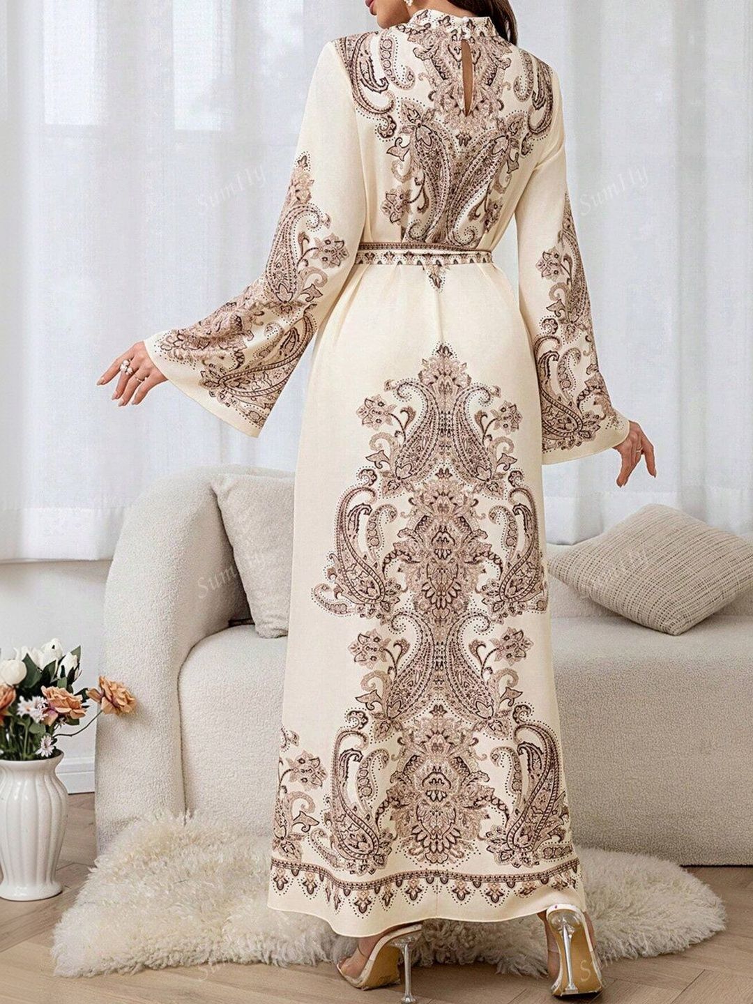 Print Flared Sleeve Sheath Maxi Dress