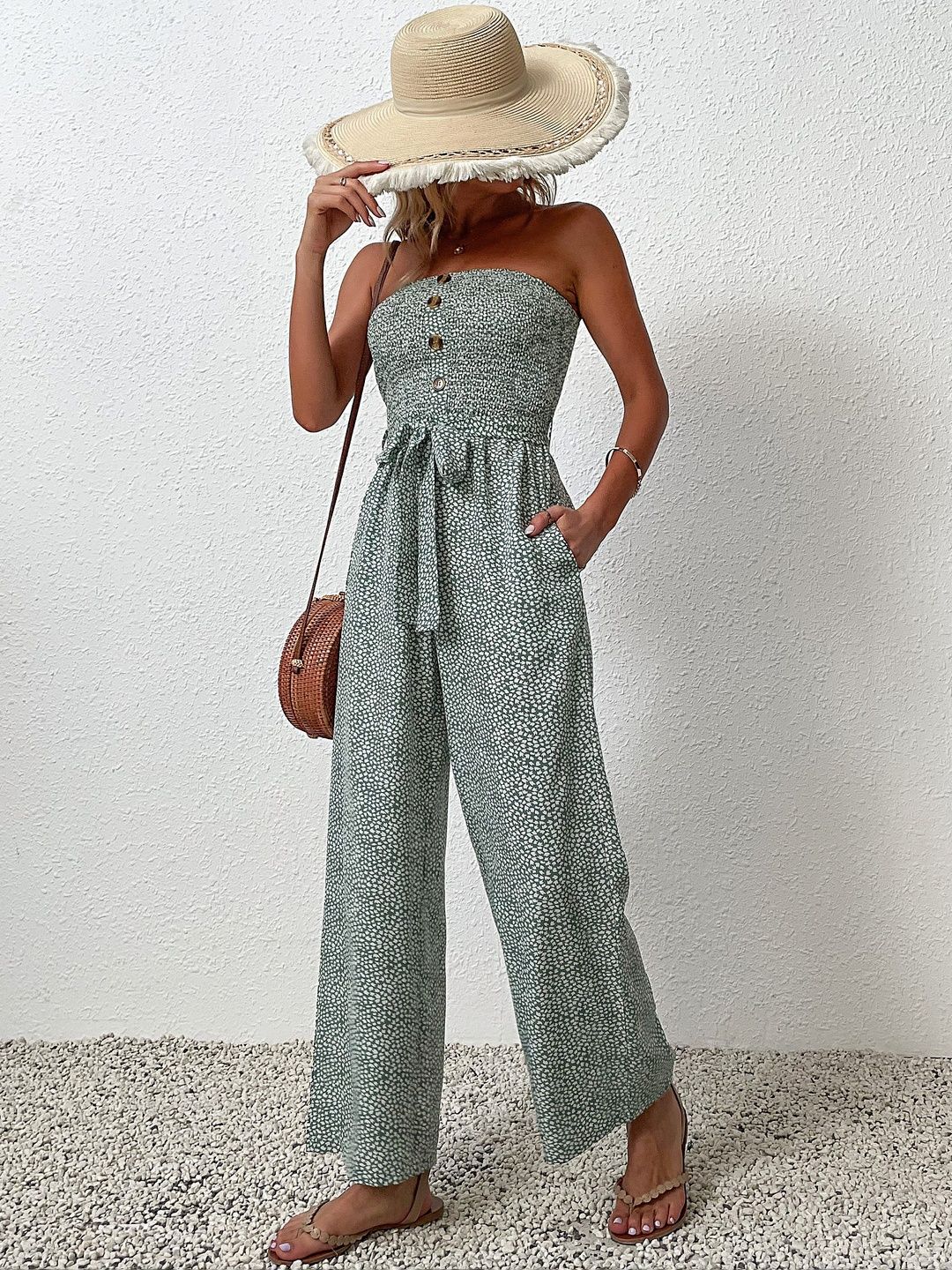 Off-Shoulder Printed Basic Jumpsuit