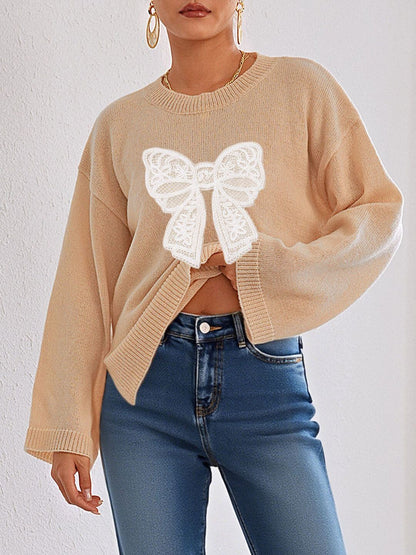 Embroidered Pullover with Embroidered Detail in Beige acrylic - Nowi Korean Fashion