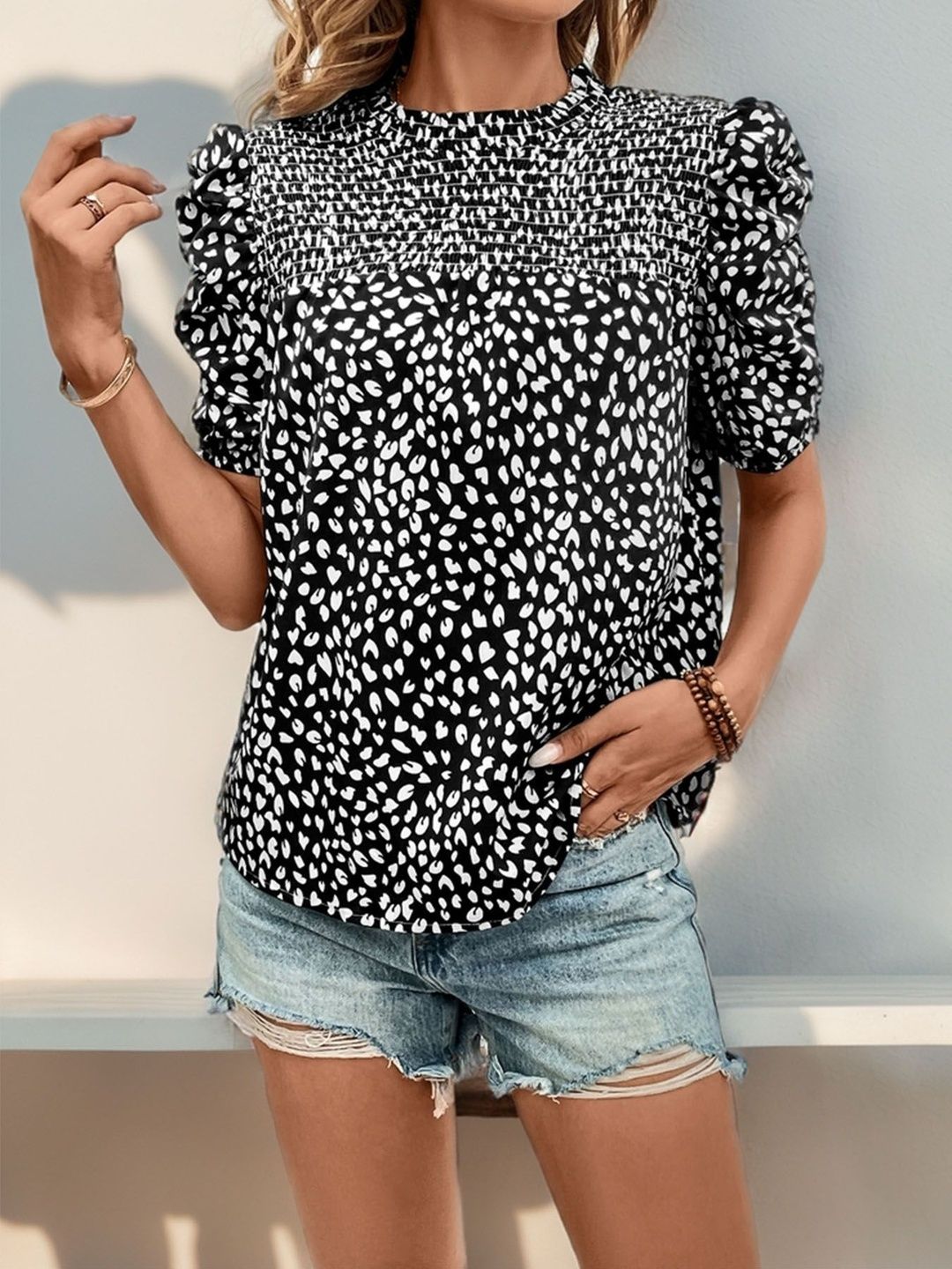 Print Puff Sleeve Cotton Top