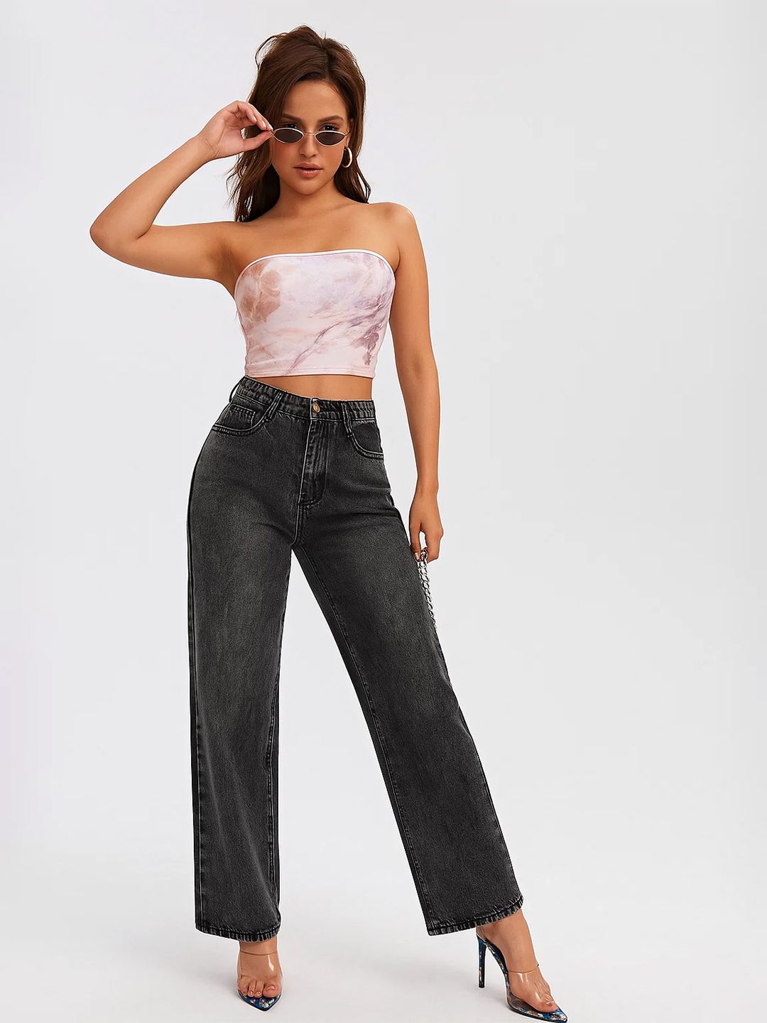 Regular Fit High-Rise Stretchable Jeans in Grey cotton - Nowi Korean Fashion