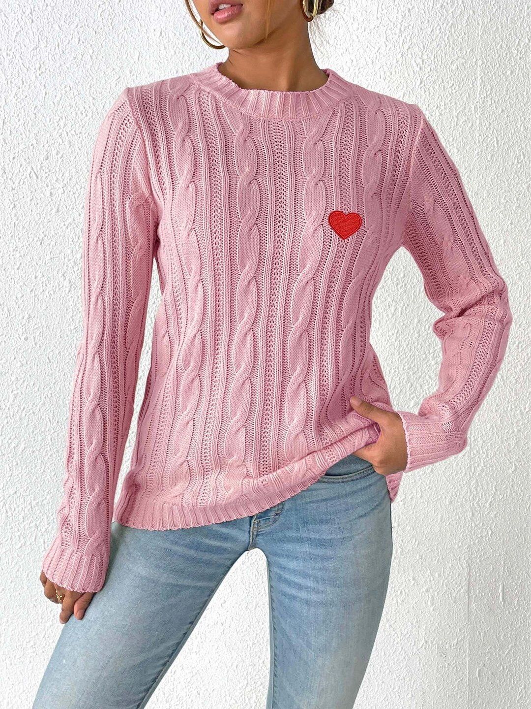 Women Cable Knit Pullover with Embroidered Detail