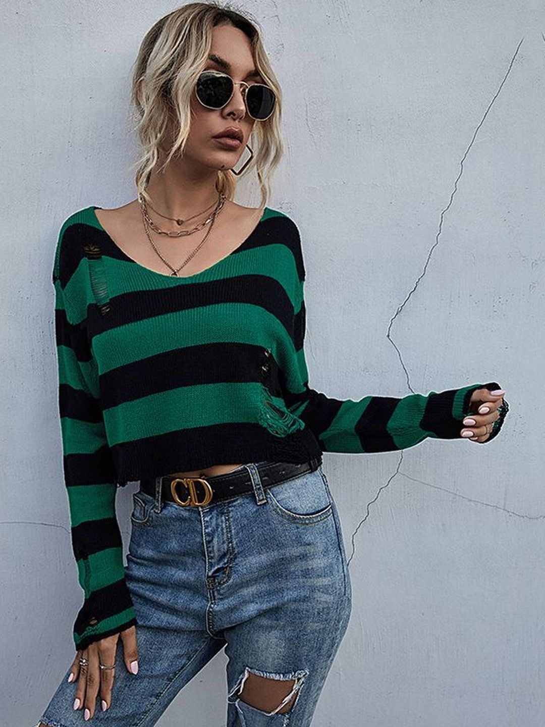 Women's Green Striped Crop Pullover With Fuzzy Detail