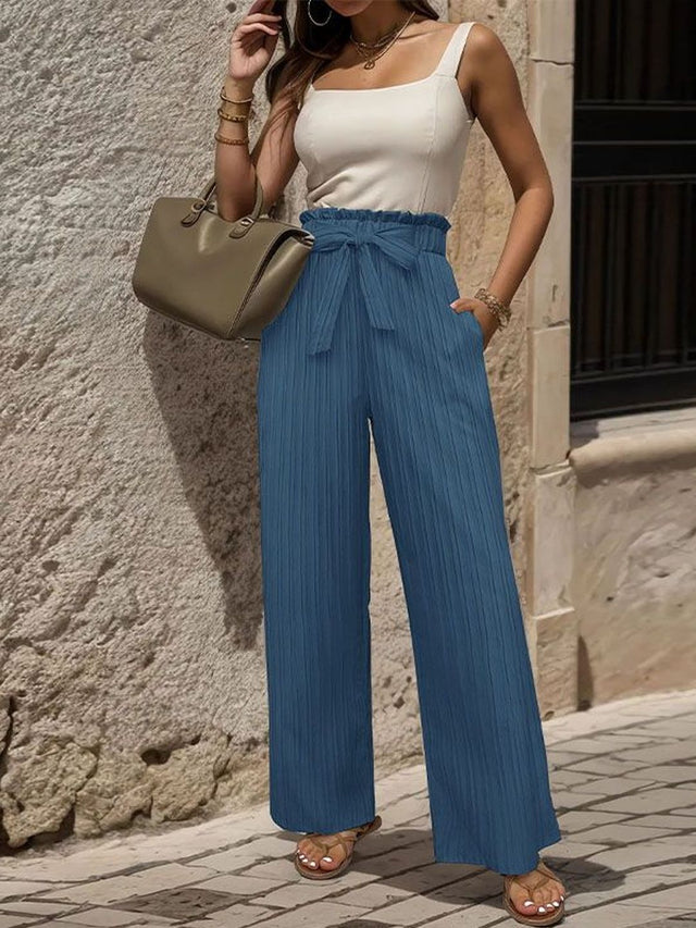 Textured High-Rise Non Iron Trousers in Blue cotton - Nowi Korean Fashion