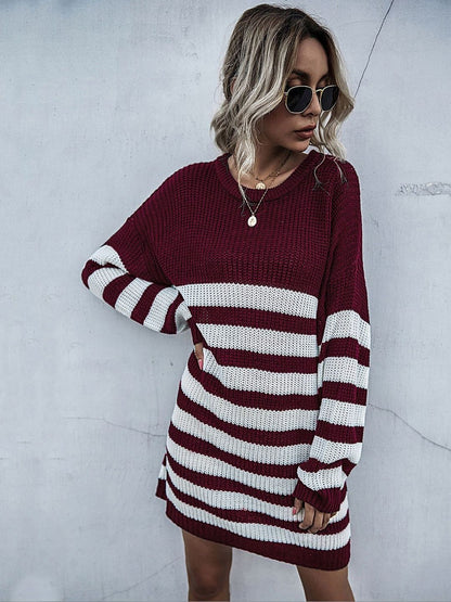 Women's Maroon Striped Pullover Blend Regular Fit