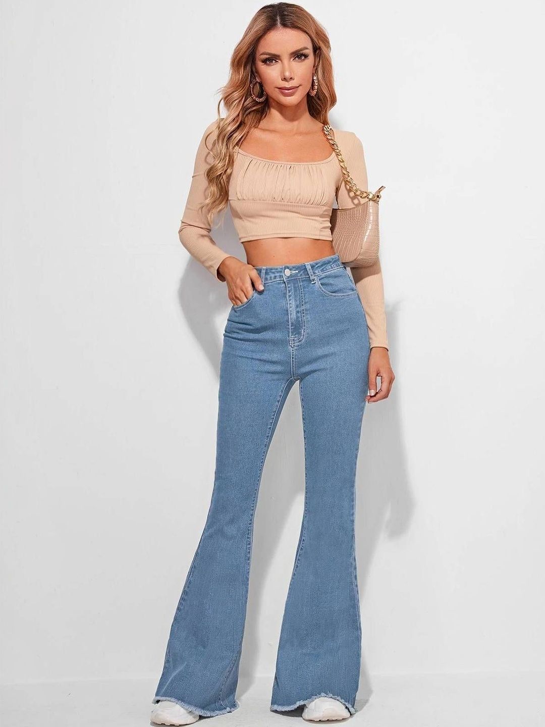 Bootcut High-Rise Stretchable Jeans in Blue cotton Style 397 - Nowi Korean Fashion