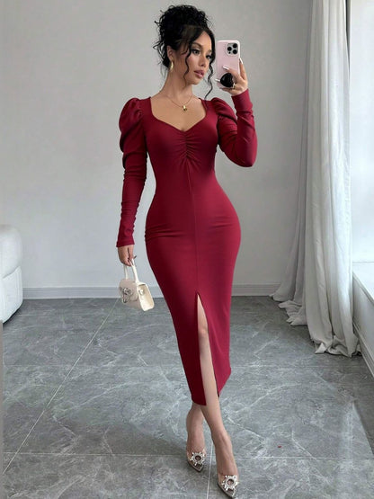 NOWI Puff Sleeve Sheath Midi Dress