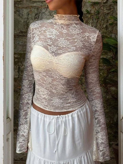 Floral Embroidered Flared Sleeve Top - Nowi Korean Fashion