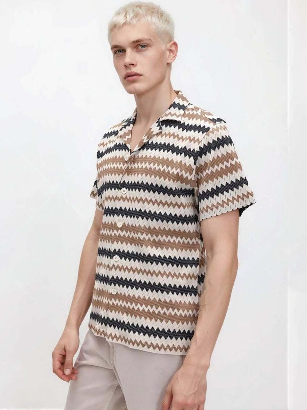 Textured Cotton Casual Shirt in Brown - Nowi Korean Fashion