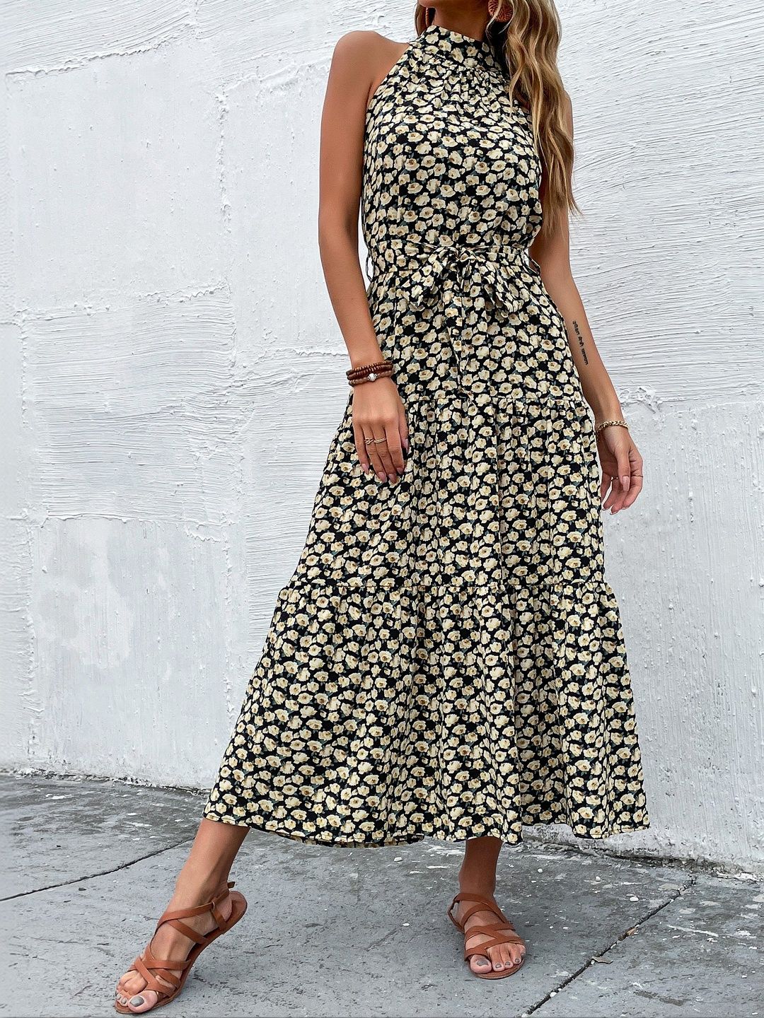 Floral Print Halter Neck A-Line Midi Dress