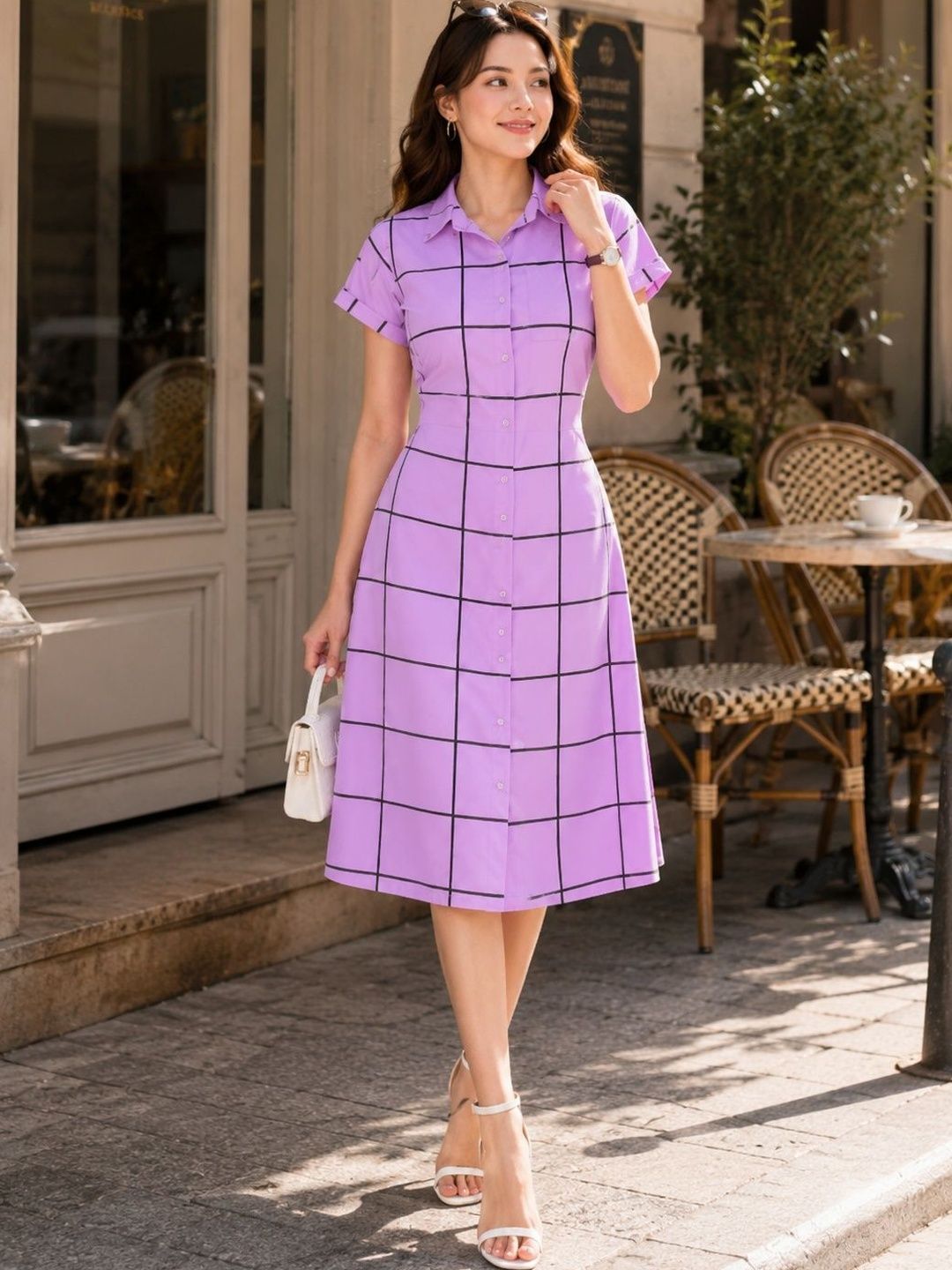 Checked Crepe Fit & Flare Midi Dress