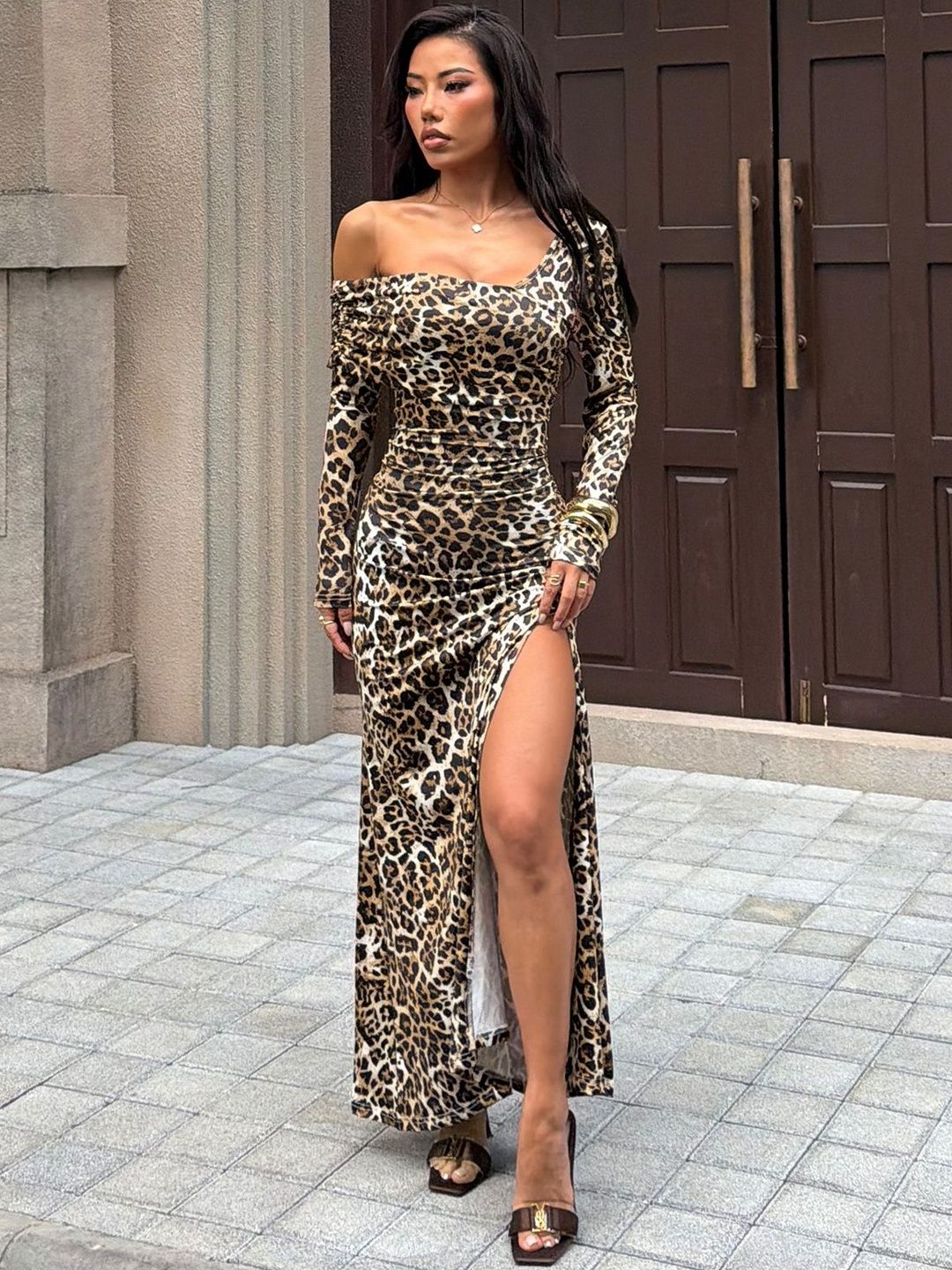 Animal Print One Shoulder Bodycon Maxi Dress - Nowi Korean Fashion