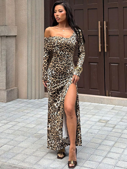 Animal Print One Shoulder Bodycon Maxi Dress - Nowi Korean Fashion