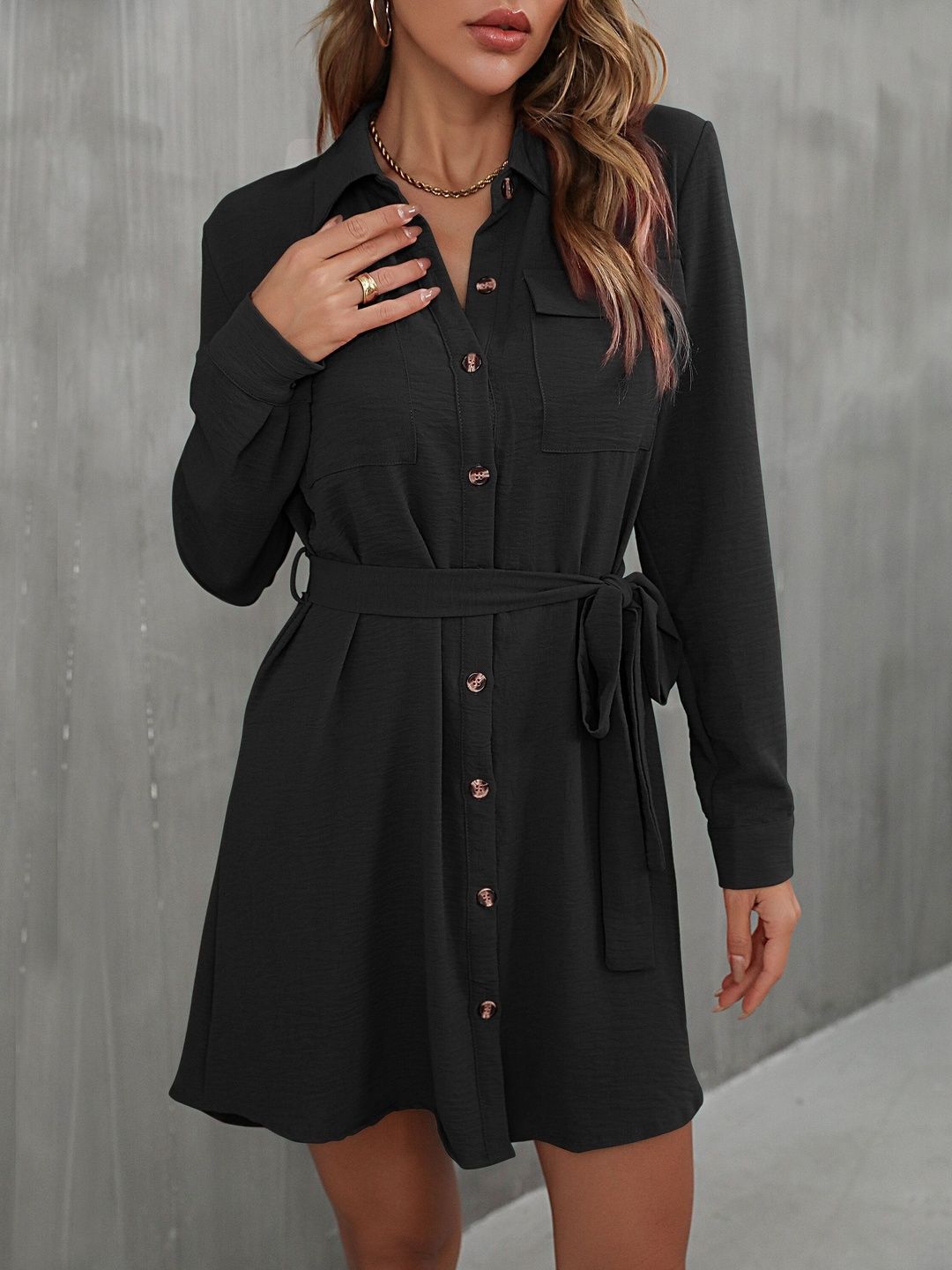 Shirt Mini Dress in Black - Nowi Korean Fashion