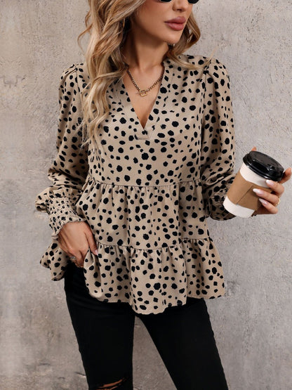 Women's Beige Animal Print Bishop Sleeves Peplum Top