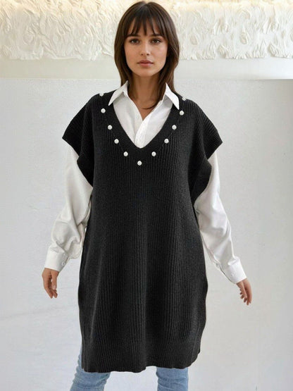 Ribbed Sweater Vest with Embellished Detail in Black acrylic - Nowi Korean Fashion