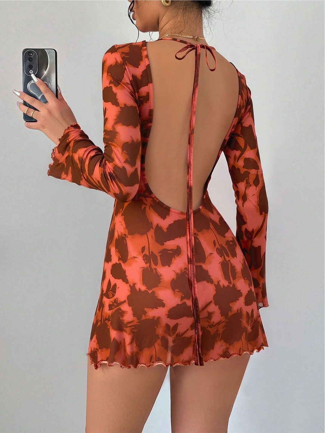 NOWI Floral Print Flared Sleeve Bodycon Mini Dress