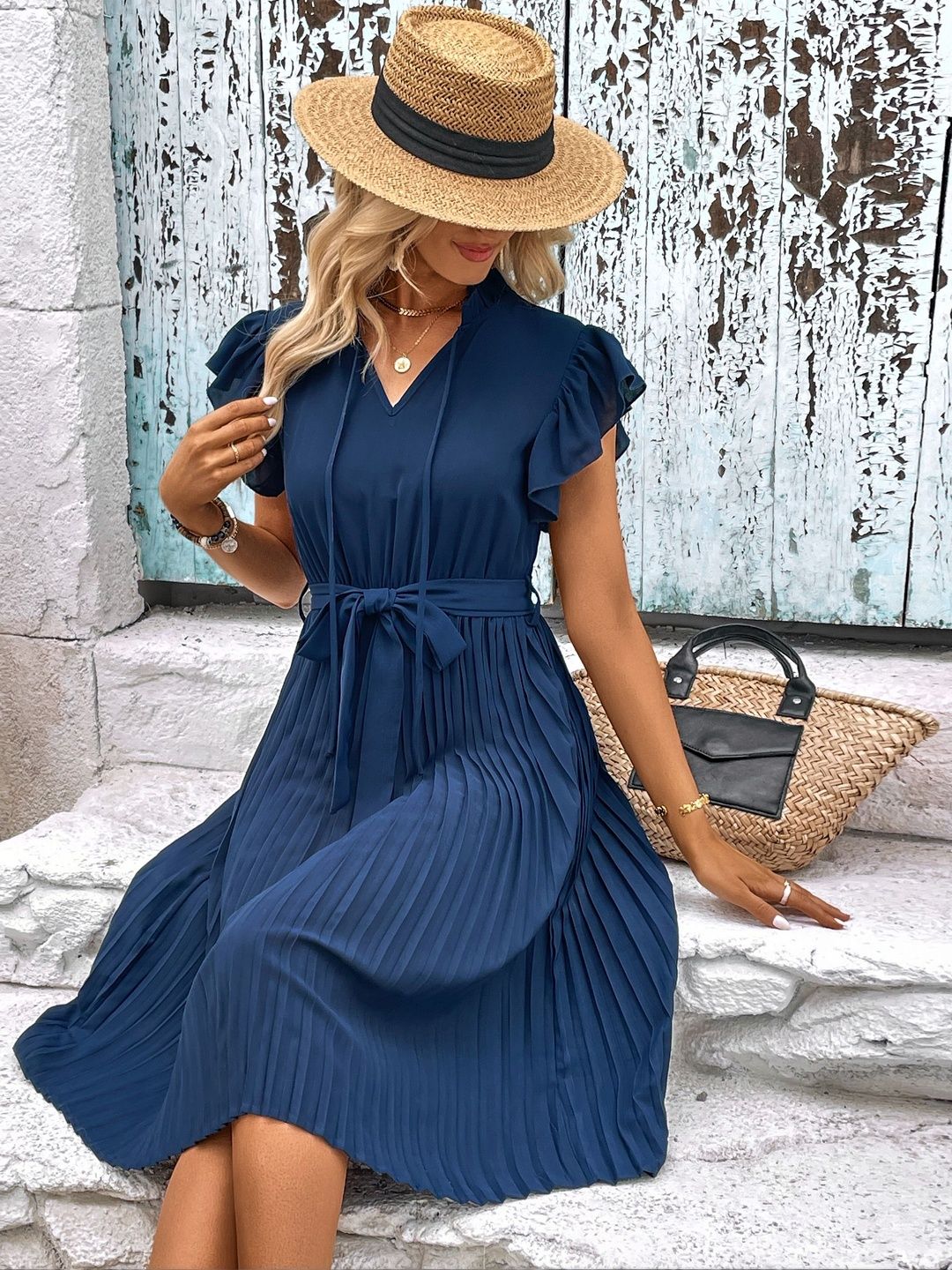 Tie-Up Neck Flutter Sleeve Fit & Flare Midi Dress