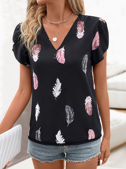 Print Puff Sleeve Top in Black polyester Printed - Nowi Korean Fashion