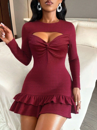 Women's Maroon Keyhole Neck Ruffled Bodycon Mini Dress