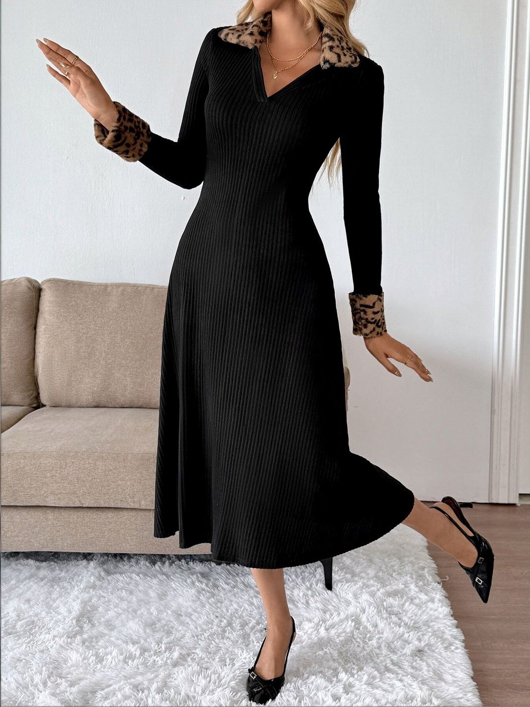 Women's Black Animal Fit & Flare Midi Dress