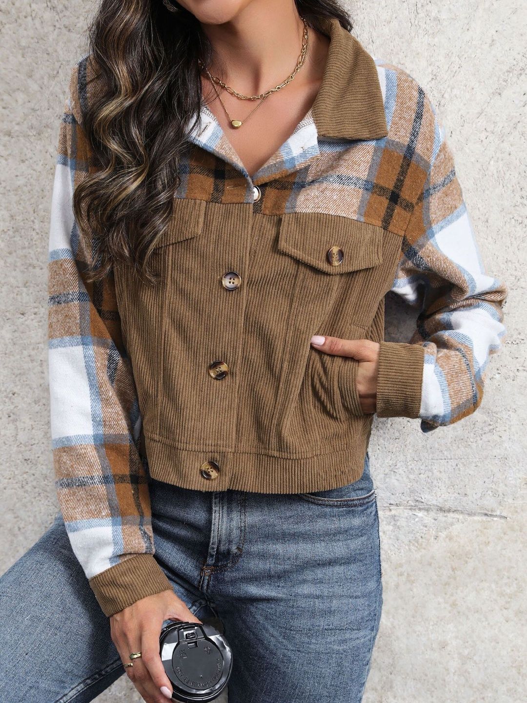 Checked Denim Jacket - Nowi Korean Fashion