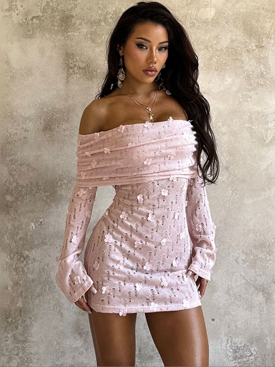 Pink Floral Embellished Off-Shoulder Mini Dress