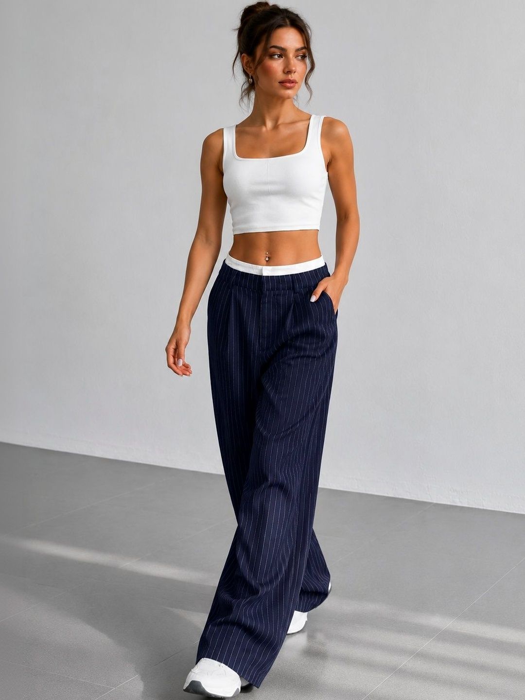 Women Striped Relaxed High-Rise Pleated Trousers