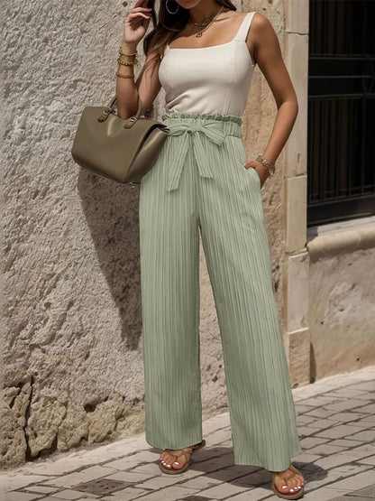 Textured High-Rise Non Iron Pleated Trousers in Green cotton - Nowi Korean Fashion