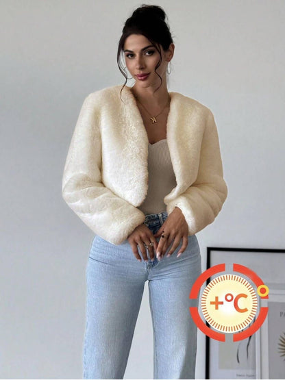 Woollen Lightweight Crop Open Front Jacket in Beige wool; polyester - Nowi Korean Fashion