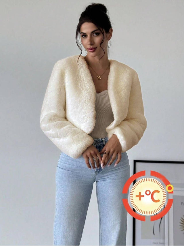 Woollen Lightweight Crop Open Front Jacket in Beige wool; polyester - Nowi Korean Fashion