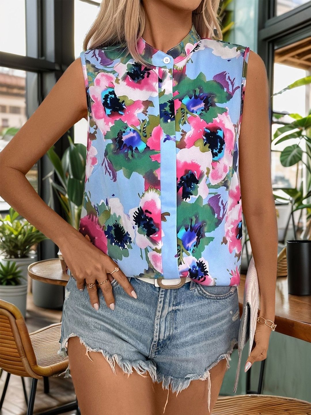 Blue Floral Print High Neck Sleeveless Top