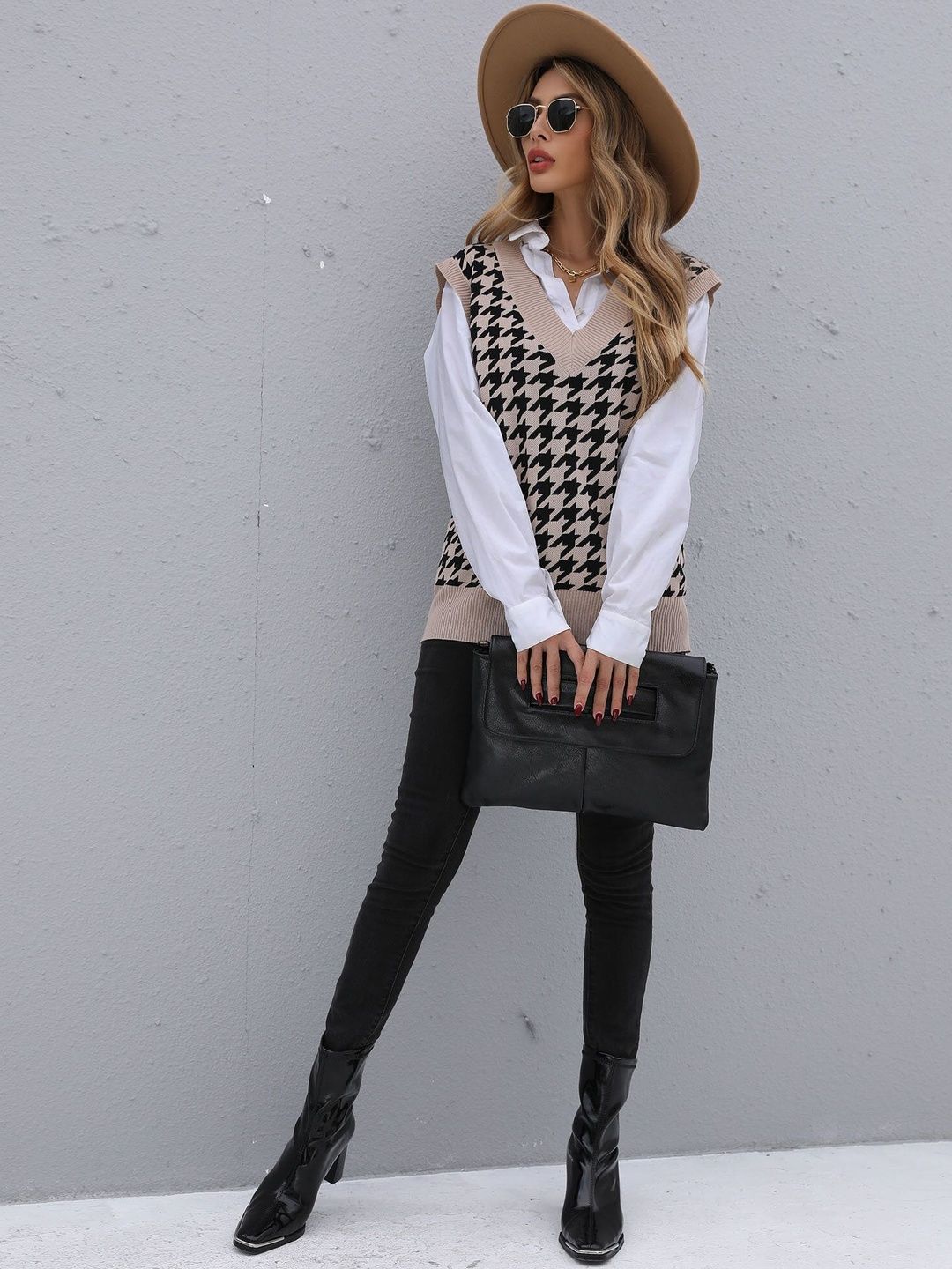 Women's Beige Checked Printed Sweater Vest